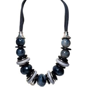 Chunky Black Gray Swirl Plastic Beaded Necklace Lobster Closure 16" Vtg